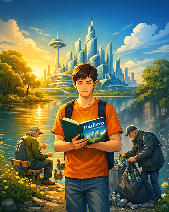 Junger Leser mit NiuTerra-Buch zwischen Entenfütterer und Flaschensammler vor der Skyline von NiuTerra