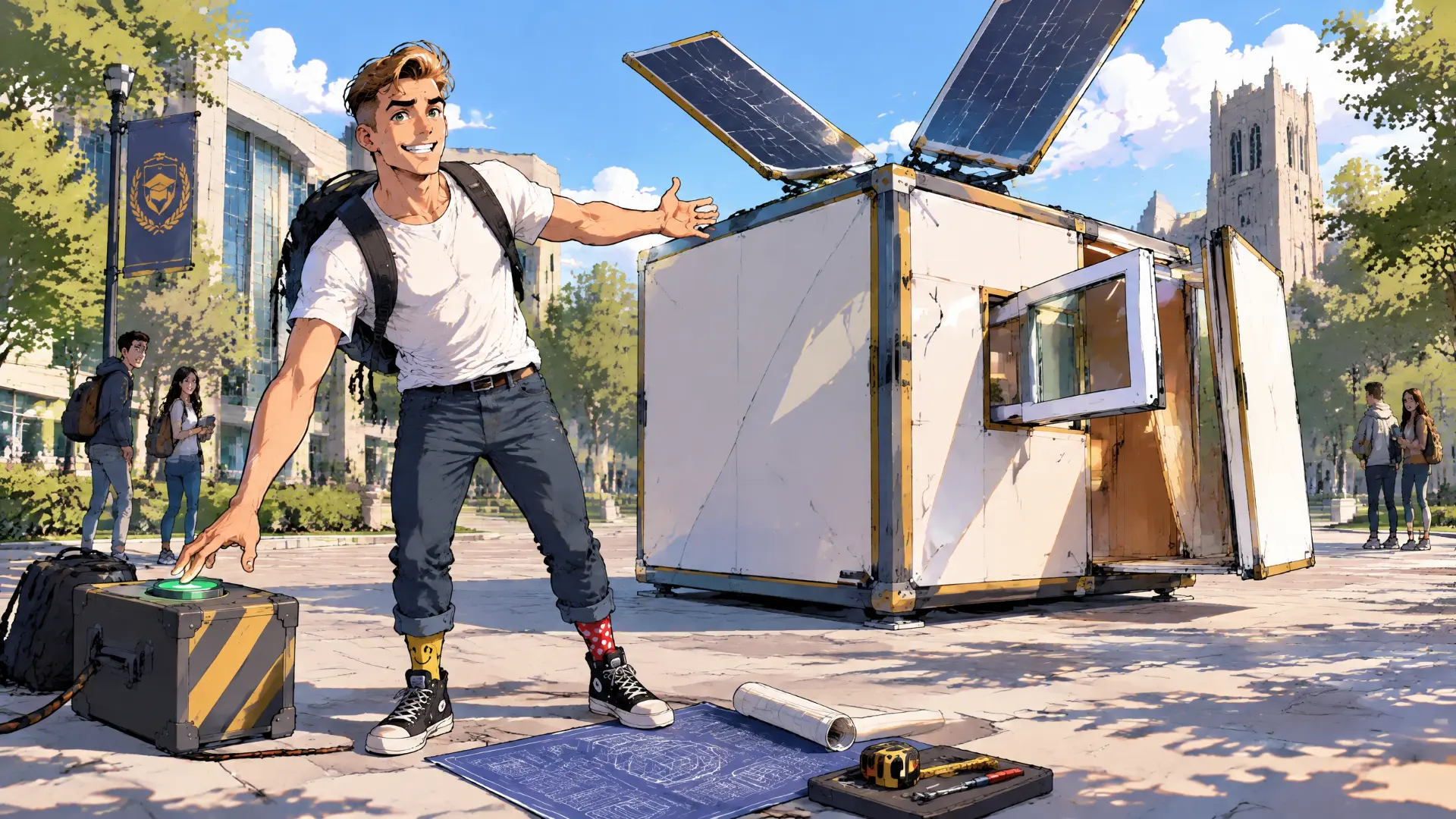 Marvin startet im Innenhof seiner Uni den Aufbau seines faltbaren Mini-Hauses – kurz vor dem Fail.