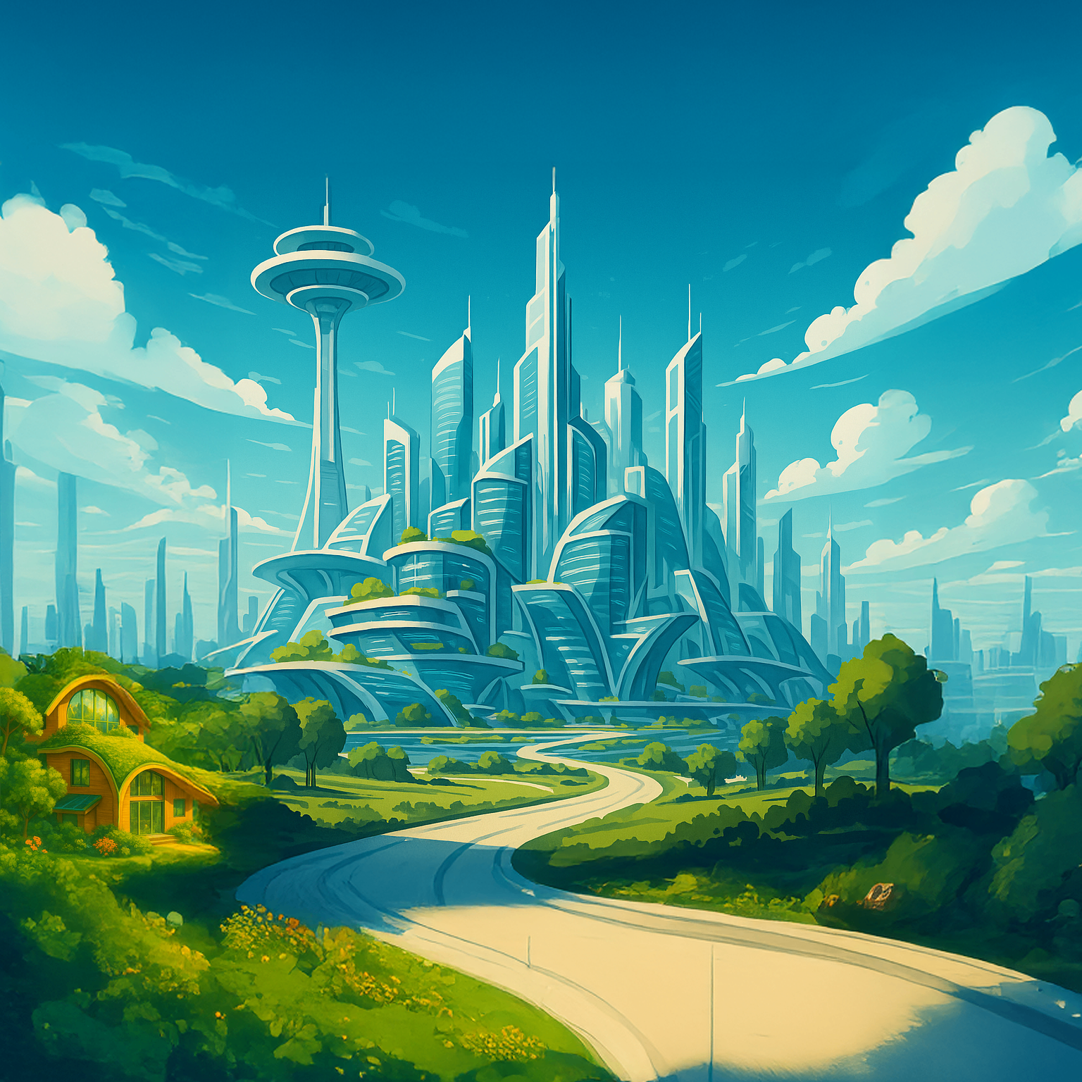 Die Skyline von NiuTerra – futuristische, grüne Stadt